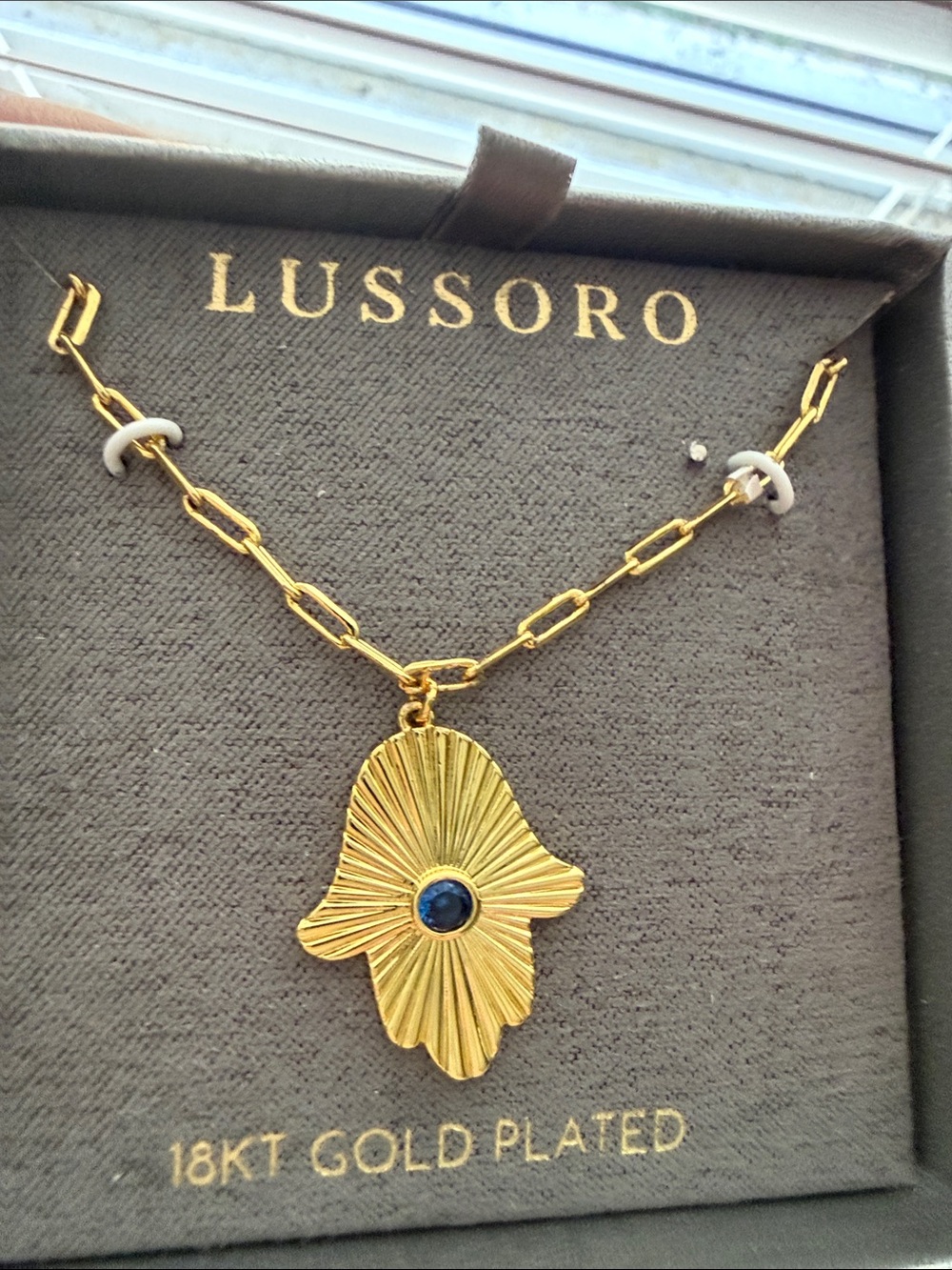 Gold Hamsa Pendant Necklace with Blue Stone